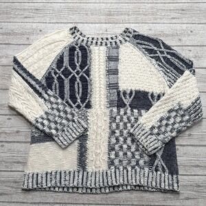 Chaps Sweater Womens XL White Crewneck Patchwork Cable Knit Pullover Cottagecore